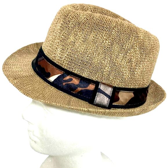 Tan woven jute fedora hat with camo hatband - Picture 12 of 12